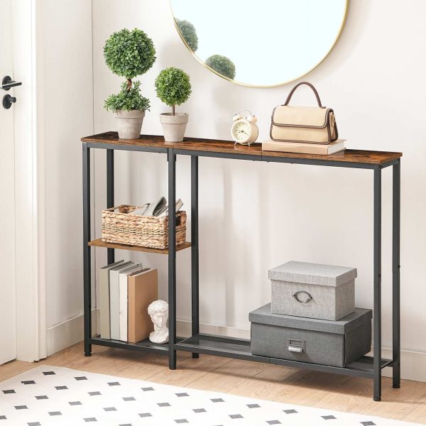 Rustic Brown & Black Narrow Console Table, Skinny Entryway Sofa Table with Storage Shelves, Suitable for Living Room, Foyer and Hallway