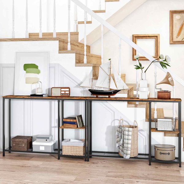 Rustic Brown & Black Narrow Console Table, Skinny Entryway Sofa Table with Storage Shelves, Suitable for Living Room, Foyer and Hallway