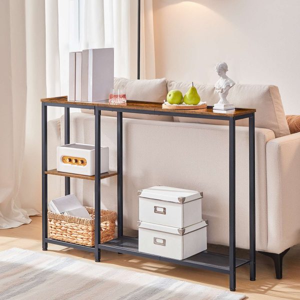 Rustic Brown & Black Narrow Console Table, Skinny Entryway Sofa Table with Storage Shelves, Suitable for Living Room, Foyer and Hallway