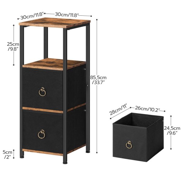4-Tier Corner Storage Cabinet with 2 Schubladen, Rustikales Braun & Black Narrow Freestanding Floor Cabinet for Bathroom and Living Room