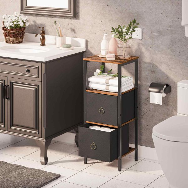 4-Tier Corner Storage Cabinet with 2 Schubladen, Rustikales Braun & Black Narrow Freestanding Floor Cabinet for Bathroom and Living Room