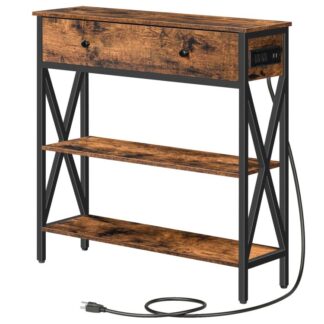 console table with outlets and usb ports, narrow entryway table with drawer, small sofa table with 2 storage shelves, behind couch, living room, hallway, foyer, kitchen, rustic brown