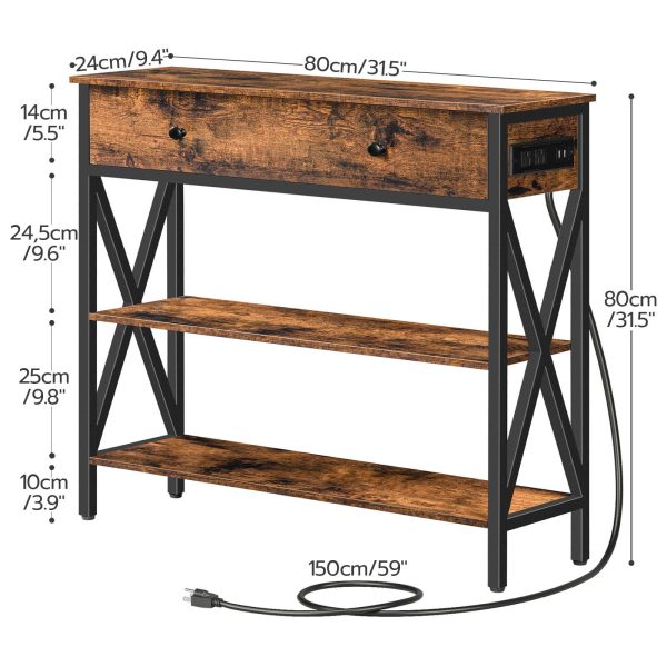 Konzolový stolík s nabíjacou stanicou (Predajne & USB porty), Narrow Entryway Table with Drawer, Multi-Functional Storage Sofa Table with 2 Otvorené police, Vhodné do obývačky, Predsieň, Foyer & Kuchyňa, Rustikálna hnedá