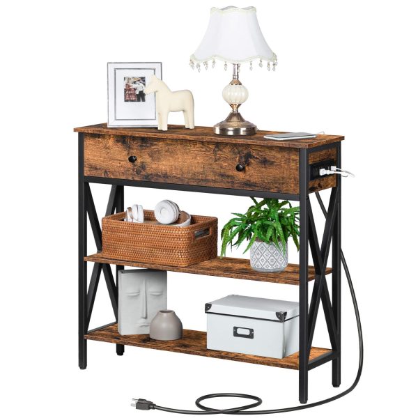 Konzolový stolík s nabíjacou stanicou (Predajne & USB porty), Narrow Entryway Table with Drawer, Multi-Functional Storage Sofa Table with 2 Otvorené police, Vhodné do obývačky, Predsieň, Foyer & Kuchyňa, Rustikálna hnedá