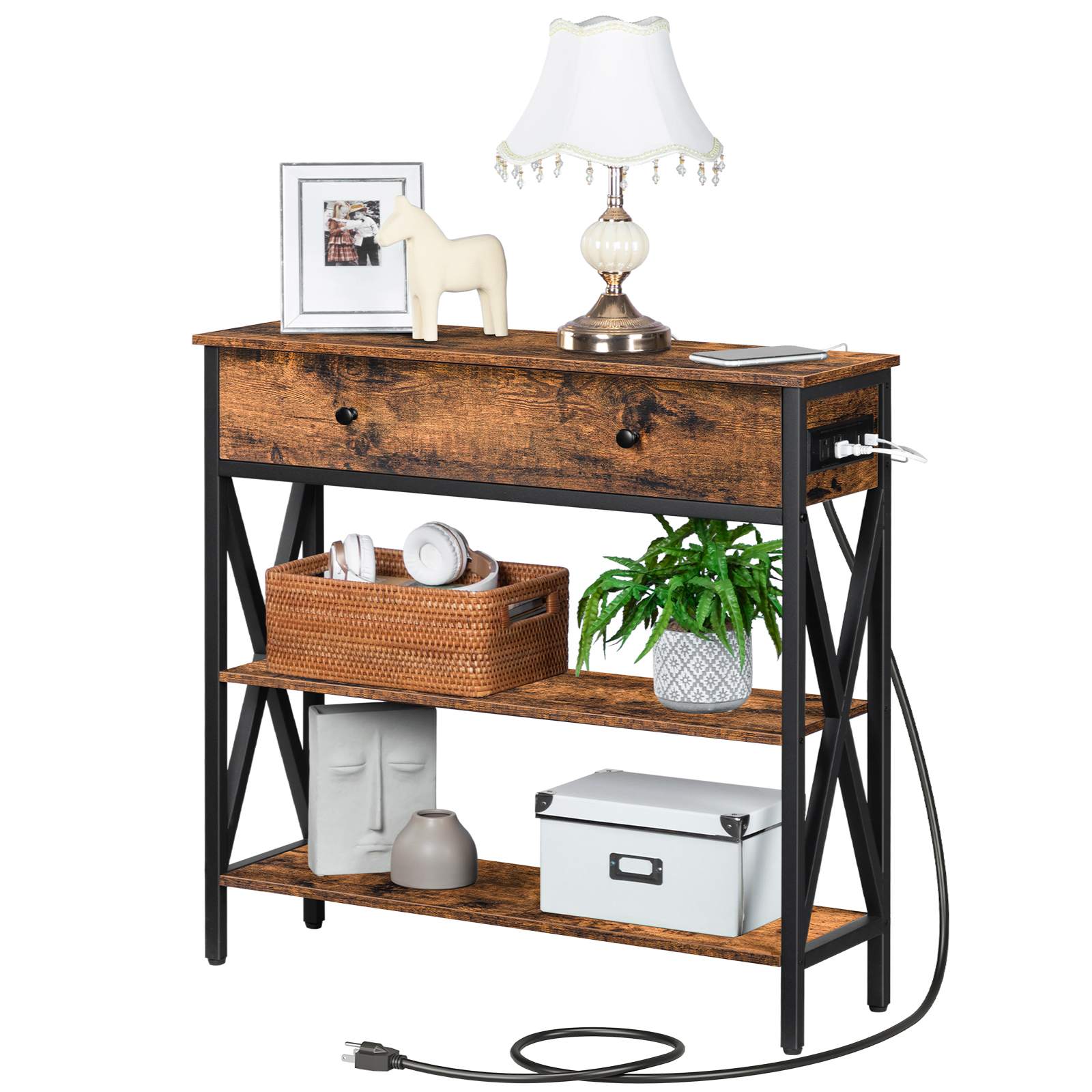 Konzolový stolík s nabíjacou stanicou (Predajne & USB porty), Narrow Entryway Table with Drawer, Multi-Functional Storage Sofa Table with 2 Otvorené police, Vhodné do obývačky, Predsieň, Foyer & Kuchyňa, Rustikálna hnedá