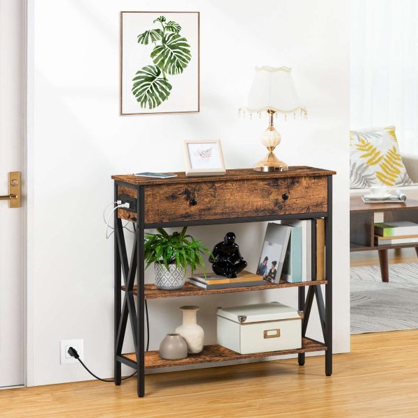 Konzolový stolík s nabíjacou stanicou (Predajne & USB porty), Narrow Entryway Table with Drawer, Multi-Functional Storage Sofa Table with 2 Otvorené police, Vhodné do obývačky, Predsieň, Foyer & Kuchyňa, Rustikálna hnedá