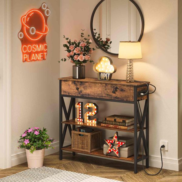 Konzolový stolík s nabíjacou stanicou (Predajne & USB porty), Narrow Entryway Table with Drawer, Multi-Functional Storage Sofa Table with 2 Otvorené police, Vhodné do obývačky, Predsieň, Foyer & Kuchyňa, Rustikálna hnedá