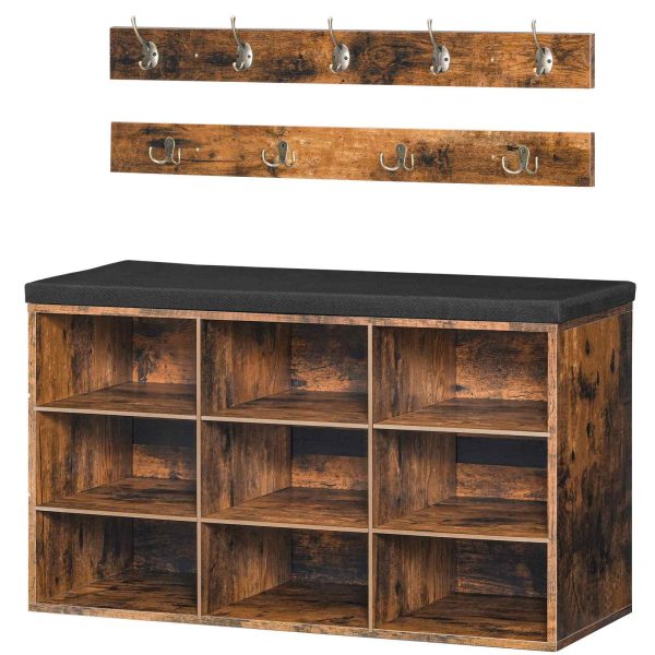 Wardrobe Shoe Rack Combination Set, 9-Compartment Shoe Bench with Padded Seat, Wall-Mounted Coat Rack with 9 Hooks, Multifunctional Shoe Cabinet for Hallway, Entrance and Bedroom, Vintage Brown