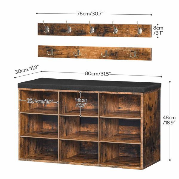 Wardrobe Shoe Rack Combination Set, 9-Compartment Shoe Bench with Padded Seat, Wall-Mounted Coat Rack with 9 Hooks, Multifunctional Shoe Cabinet for Hallway, Entrance and Bedroom, Vintage Brown