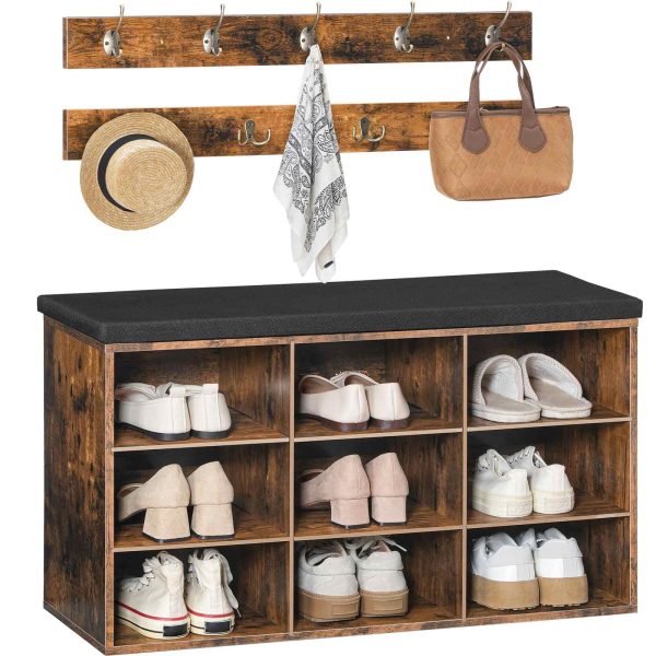 Wardrobe Shoe Rack Combination Set, 9-Compartment Shoe Bench with Padded Seat, Wall-Mounted Coat Rack with 9 Hooks, Multifunctional Shoe Cabinet for Hallway, Entrance and Bedroom, Vintage Brown