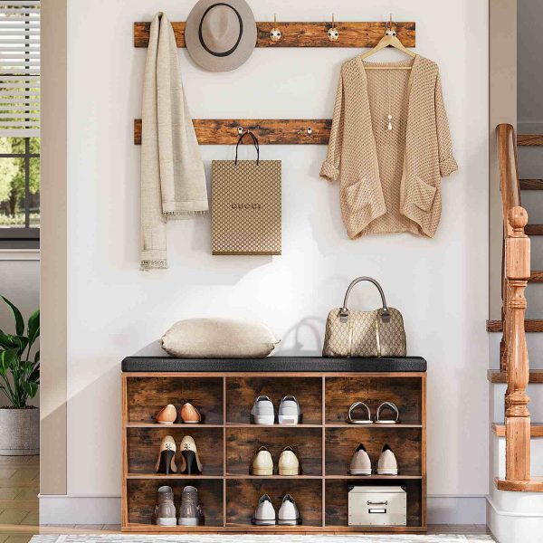 Wardrobe Shoe Rack Combination Set, 9-Compartment Shoe Bench with Padded Seat, Wall-Mounted Coat Rack with 9 Hooks, Multifunctional Shoe Cabinet for Hallway, Entrance and Bedroom, Vintage Brown