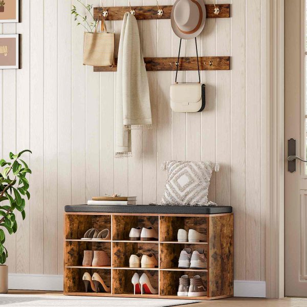 Wardrobe Shoe Rack Combination Set, 9-Compartment Shoe Bench with Padded Seat, Wall-Mounted Coat Rack with 9 Hooks, Multifunctional Shoe Cabinet for Hallway, Entrance and Bedroom, Vintage Brown