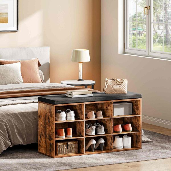 Wardrobe Shoe Rack Combination Set, 9-Compartment Shoe Bench with Padded Seat, Wall-Mounted Coat Rack with 9 Hooks, Multifunctional Shoe Cabinet for Hallway, Entrance and Bedroom, Vintage Brown