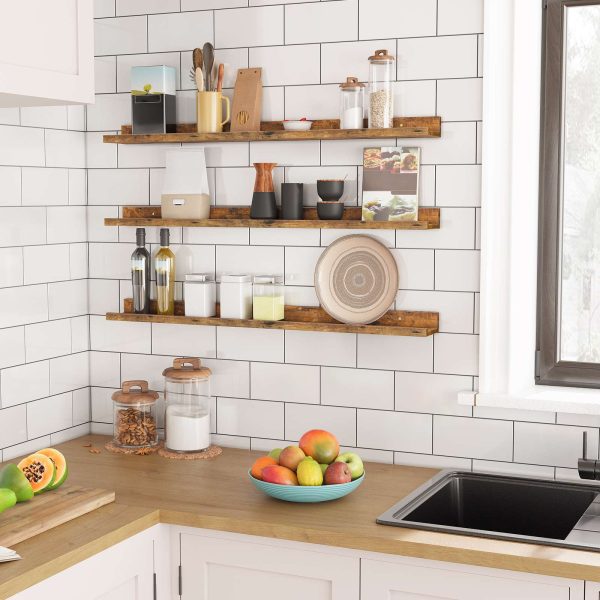 Set di mensole sospese 3, 90Mensole da Parete Sospese da cm con Bordo Rialzato e Staffe Invisibili, Decorazione portaoggetti multi-scenario per il bagno, Camera da letto, Cucina, Ufficio & Soggiorno, Marrone rustico