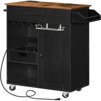 Kitchen Island with Power Outlet, Kitchen Storage Island with Open Shelves & Tray, Rolling Mobile Kitchen Island Table on Wheels with Towel Rack, Rustic Brown and Black