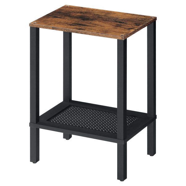 2-Tier End Table with Faux Rattan Decoration, Rustic Brown and Black Small Space Side Table, Multifunctional Nightstand for Living Room and Bedroom