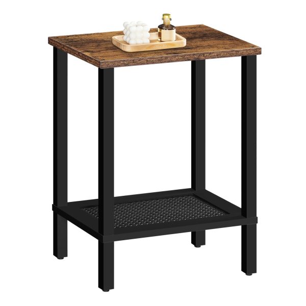 2-Tier End Table with Faux Rattan Decoration, Rustic Brown and Black Small Space Side Table, Multifunctional Nightstand for Living Room and Bedroom