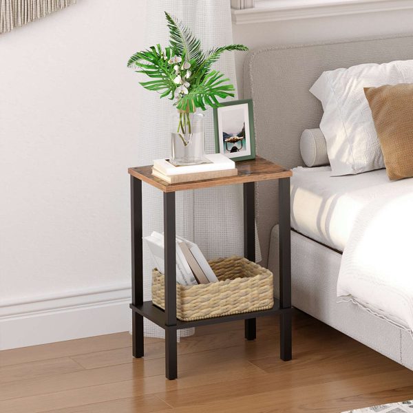 2-Tier End Table with Faux Rattan Decoration, Rustic Brown and Black Small Space Side Table, Multifunctional Nightstand for Living Room and Bedroom