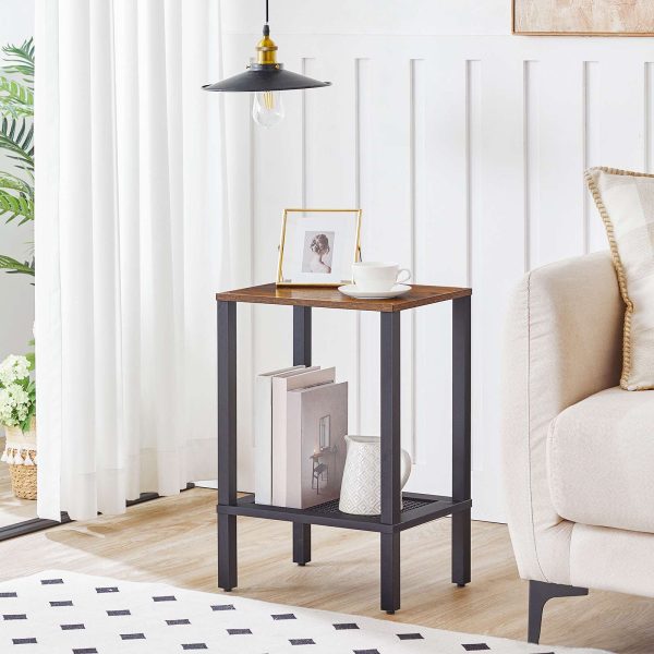 2-Tier End Table with Faux Rattan Decoration, Rustic Brown and Black Small Space Side Table, Multifunctional Nightstand for Living Room and Bedroom