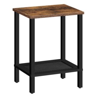 Bijzettafeltje, Kleine bijzettafel met 2-laags opbergplanken, Nachtkastje met faux rattan decoratie, Salontafel voor kleine ruimte, Naast de tafel voor de woonkamer, Rustiek bruin en zwart