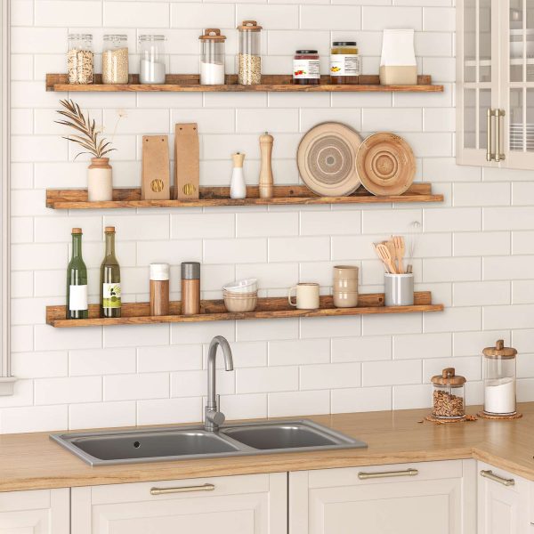 Flydende hylder Sæt af 3, 120.0cm Hængende væghylder med hævet kant og usynlige beslag, Multi-scenario opbevaringsindretning til badeværelse, Soveværelse, Køkken, Kontor & Stue, Rustik brun