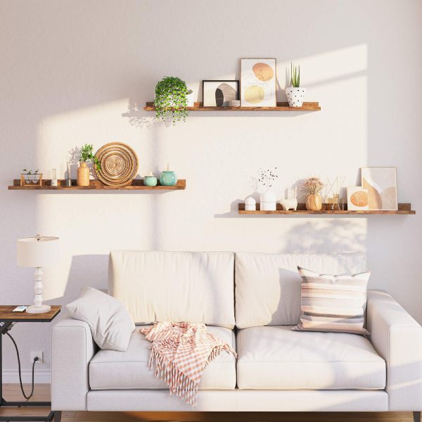 Flydende hylder Sæt af 3, 120.0cm Hængende væghylder med hævet kant og usynlige beslag, Multi-scenario opbevaringsindretning til badeværelse, Soveværelse, Køkken, Kontor & Stue, Rustik brun