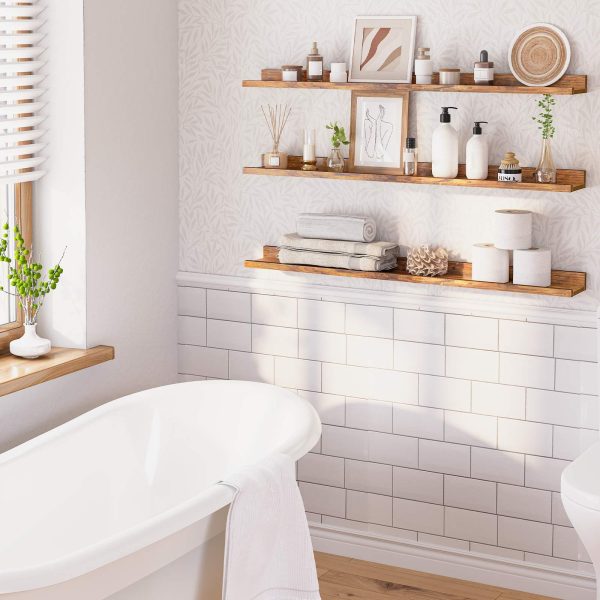 Flydende hylder Sæt af 3, 120.0cm Hængende væghylder med hævet kant og usynlige beslag, Multi-scenario opbevaringsindretning til badeværelse, Soveværelse, Køkken, Kontor & Stue, Rustik brun