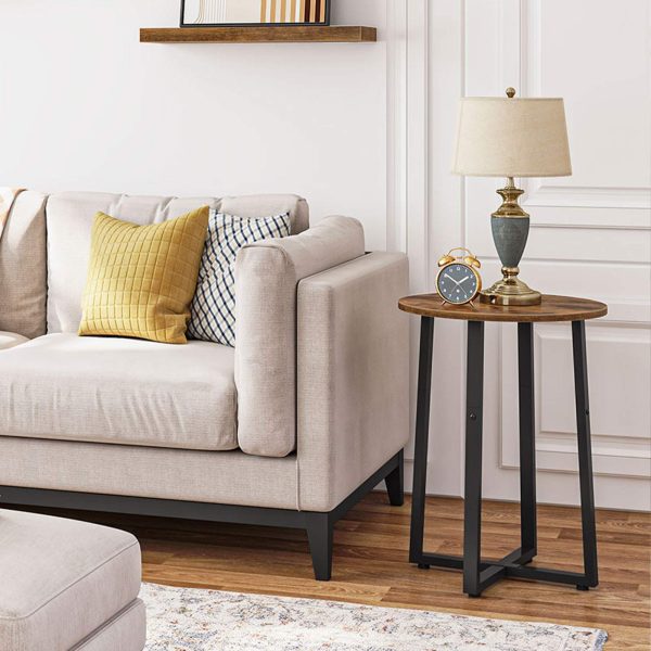 Rundt sidebord med solid X-formet metallramme, 40cm Rustikk Brun Rund Nattbord, Passer for stue, Soverom, Balkong, Kontor