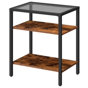 narrow side table, 3-layer nightstand, glass end table with mesh for living room, bedroom, entryway, snack table for small space, easy assembly, rustic brown and black
