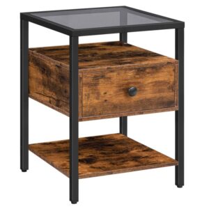 nightstand, glass side table with drawer and shelf, bedside table for living room, bedroom, entryway, stable tempered glass, easy to clean and assemble, rustic brown and black