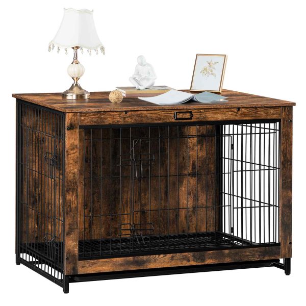 Hëlzent Hond Crate Miwwelen, XXXL Pet Cage mat Pull-Out Schacht, Multifunktionell Enn Dësch / Nuetsstand fir Indoor Gebrauch, Double-Dier Chew-resistent géint Design gëeegent fir kleng / mëttel / grouss Hënn