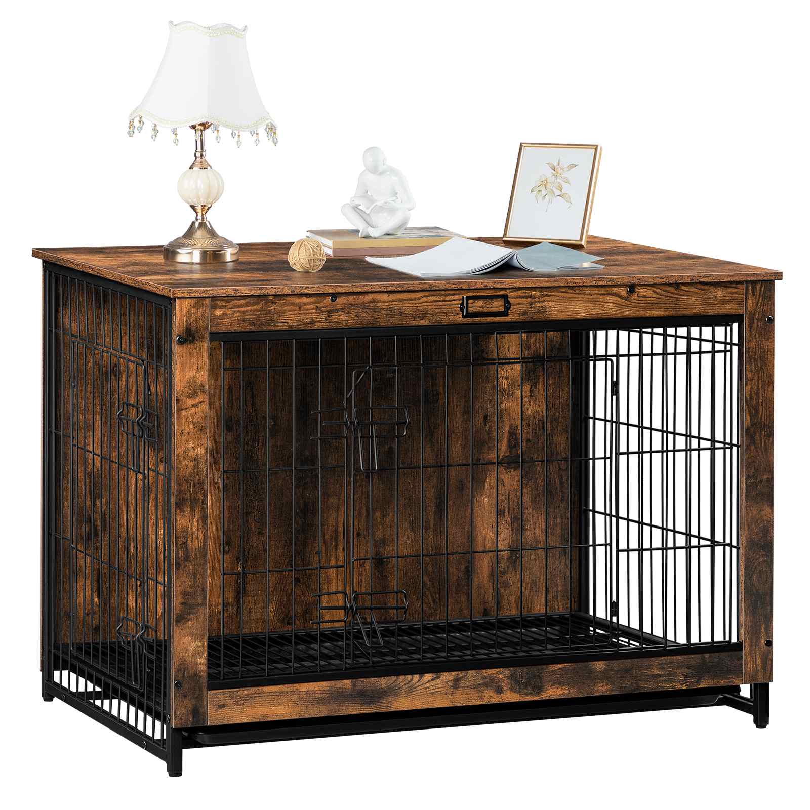 Wooden Dog Crate Furniture, XXXL Pet Cage with Pull-Out Tray, Multifunctional End Table/Nightstand for Indoor Use, Double-Door Chew-Resistant Design Suitable for Small/Medium/Large Dogs