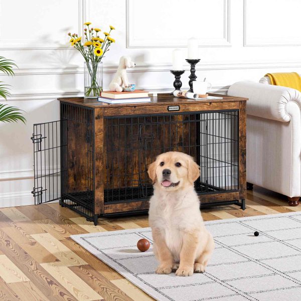 Hëlzent Hond Crate Miwwelen, XXXL Pet Cage mat Pull-Out Schacht, Multifunktionell Enn Dësch / Nuetsstand fir Indoor Gebrauch, Double-Dier Chew-resistent géint Design gëeegent fir kleng / mëttel / grouss Hënn