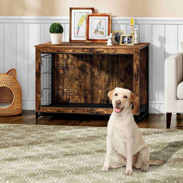 Hëlzent Hond Crate Miwwelen, XXXL Pet Cage mat Pull-Out Schacht, Multifunktionell Enn Dësch / Nuetsstand fir Indoor Gebrauch, Double-Dier Chew-resistent géint Design gëeegent fir kleng / mëttel / grouss Hënn