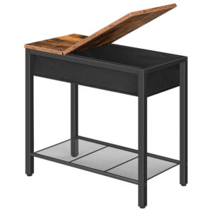 side table, flip top end table with storage shelf, narrow nightstand for small spaces in living room, bedroom, industrial, stable metal frame, rustic brown and black