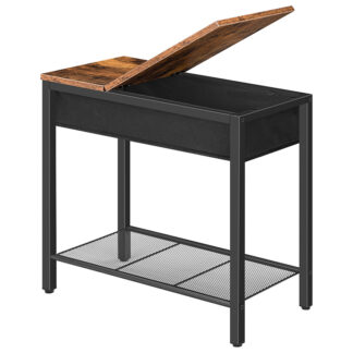 sivupöytä, Käännä yläpöytä säilytyshyllyllä, Kapea yöpöytä pienille tiloille olohuoneessa, makuuhuone, teollisuus-, vakaa metallirunko, maalaismainen ruskea ja musta