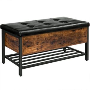 Storage Bench, Storage Ottoman, Shoe Bench with Padded Seat and Metal Shelf, Flip Top Toy Box Storage Chest, Bed End Stool for Bedroom, Hallway,Living Room, Rustic Brown and Black