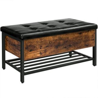 Banc de rangement, Pouf de rangement, Banc de chaussures avec siège rembourré et étagère en métal, Coffre de rangement pour coffre à jouets rabattable, Tabouret de bout de lit pour chambre à coucher, Couloir,Salon, Brun rustique et noir