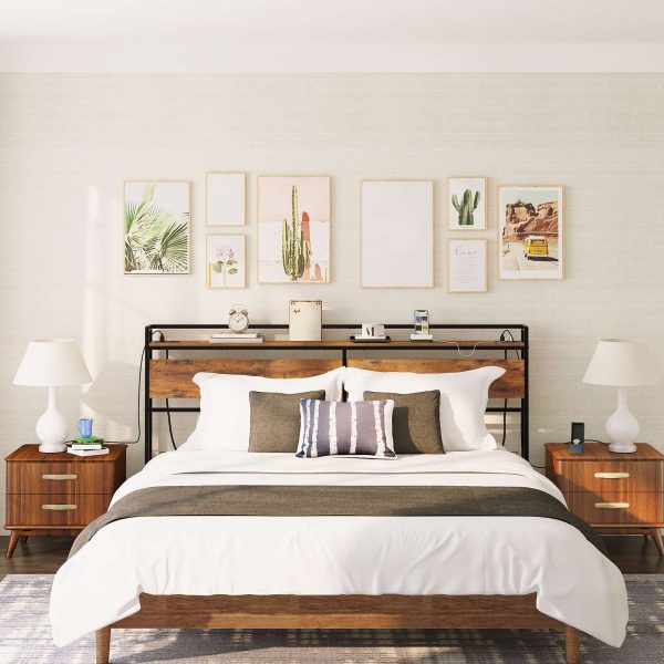King Size Headboard with Power Outlets & منافذ يو اس بي, Height-Adjustable Design with Storage Rack, Sturdy Rustic Brown & Black Headboard, تجميع سهل