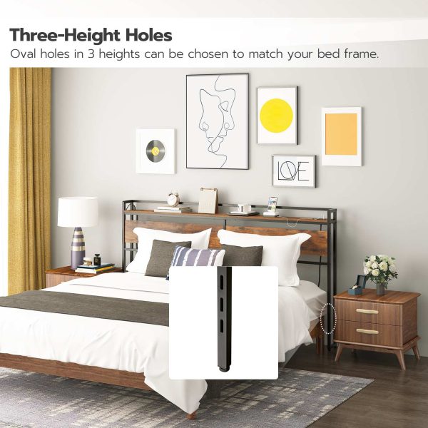 King Size Headboard with Power Outlets & منافذ يو اس بي, Height-Adjustable Design with Storage Rack, Sturdy Rustic Brown & Black Headboard, تجميع سهل