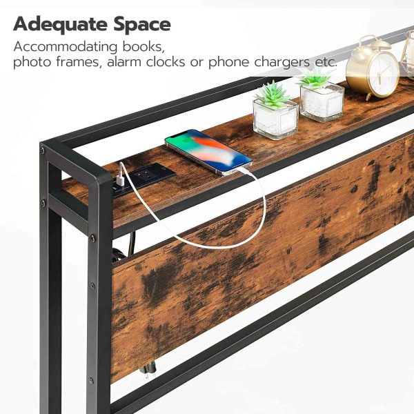 King Size Headboard with Power Outlets & منافذ يو اس بي, Height-Adjustable Design with Storage Rack, Sturdy Rustic Brown & Black Headboard, تجميع سهل