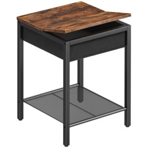 Nightstand, Flip Top Side Table with Mesh Storage Shelf, Industrial End Table for Small Spaces in Living Room, Bedroom, Stable Metal Frame, Rustic Brown and Black