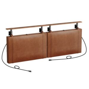 headboard, wall mount hanging headboard with 4 usb ports and led light, pu upholstery, open storage shelf, for bedroom, bar, dining or entryway, queen size, brown
