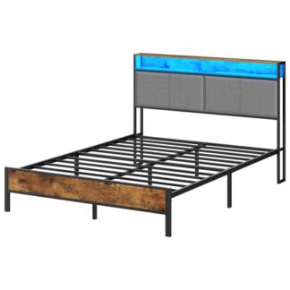 إطار سرير كوين مع اللوح الأمامي للتخزين, سرير منصة منجد, هيكل سرير مع محطة شحن وإضاءة LED, اللوح الأمامي مع أرفف التخزين, منافذ يو اس بي, ريفي البني والأسود