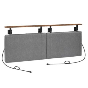 headboard, wall mount hanging headboard with 4 usb ports and led light, pu upholstery, open storage shelf, for bedroom, bar, dining or entryway, queen size, rustic brown and gray