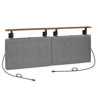 اللوح الأمامي, جدار الجدار معلق مع اللوح الأمامي مع 4 منافذ USB وضوء LED, تنجيد بو, فتح الجرف تخزين, لغرفة النوم, حاجِز, تناول الطعام أو المدخل, حجم الملكة, بني ريفي ورمادي