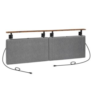 King Size Upholstered Headboard, Hanging Headboard with 4 USB Ports and LED Light, PU Upholstery, Open Storage Shelf, for Bedroom, Living Room, Entryway, Rustic Brown and Gray