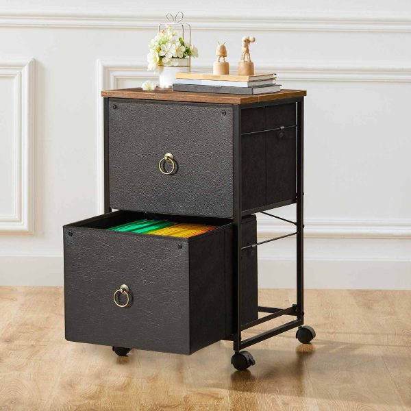 2-Schedario mobile con cassetti, Supporto per stampante con ruote, Schedario verticale per l'home office, Compatibile con documenti in formato A4/Lettera, Cassetti in tessuto non tessuto, Nero & Marrone rustico