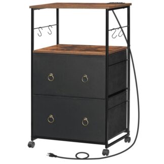 2 Seitlicher Aktenschrank mit Schublade, Kabinett mit Ladestation, Passt A4/Buchstabengröße, Druckerständer mit offenen Regalen für Home Office, Nichtrangschublade, rustikalbraun und schwarz