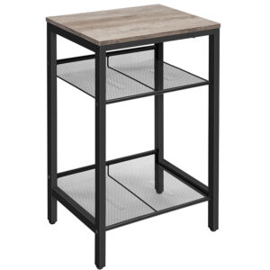 Side Table, Industrial End Lamp Table with Adjustable Mesh Shelves, for Office Hallway or Living Room, Wood Look Accent Furniture, Tall and Narrow, Easy Assembly, Greige and Black